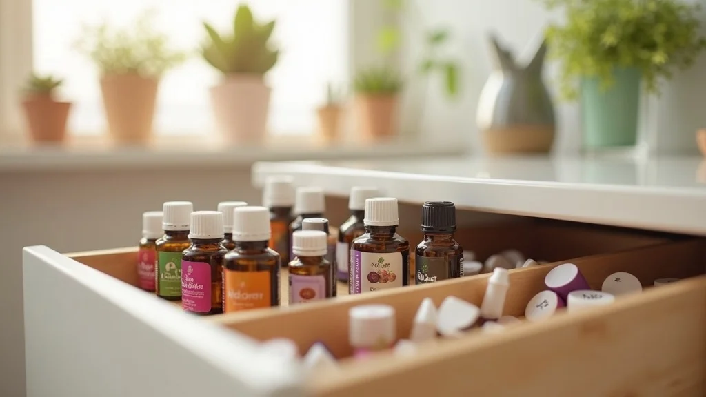 Cozy essential oil organization — satisfied, peaceful, neatly arranged essential oils in a compartmentalized drawer with color-coded caps and handwritten labels, styled as photorealistic in a bright and airy home workspace, featuring visible date stickers and small potted plants, rendered with high detail, subtle bokeh, harmonious pastel palette, under midday natural lighting, captured as if shot with a 50mm lens.