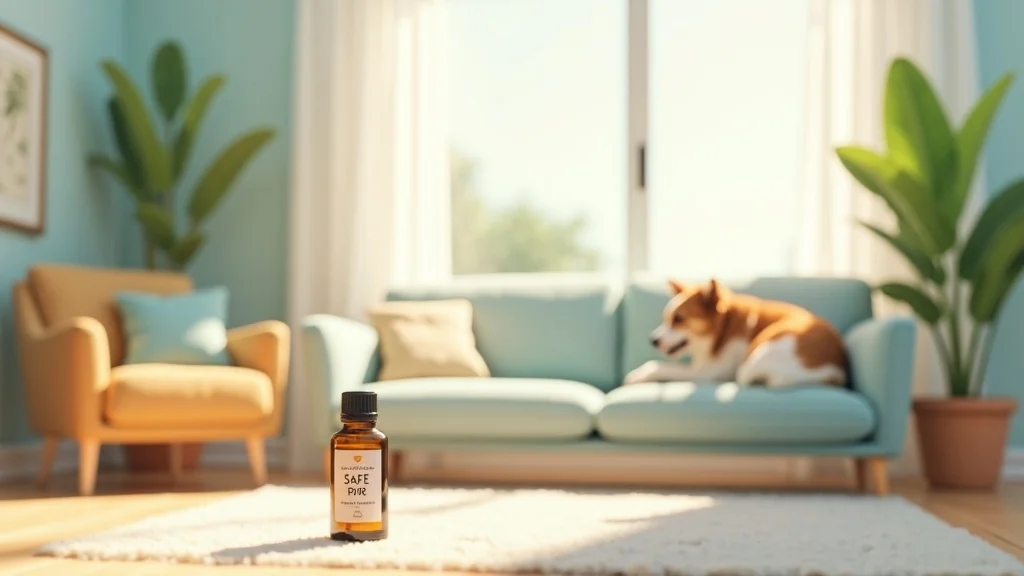 Welcoming living room scene with safe essential oil practices, showing a clearly labeled ‘safe for pets’ oil blend apart from others and a relaxed dog in the background.