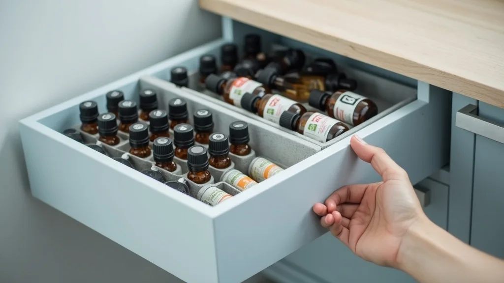 Sleek essential oil drawer organizer for oil safety with labeled bottles and child-safe locks