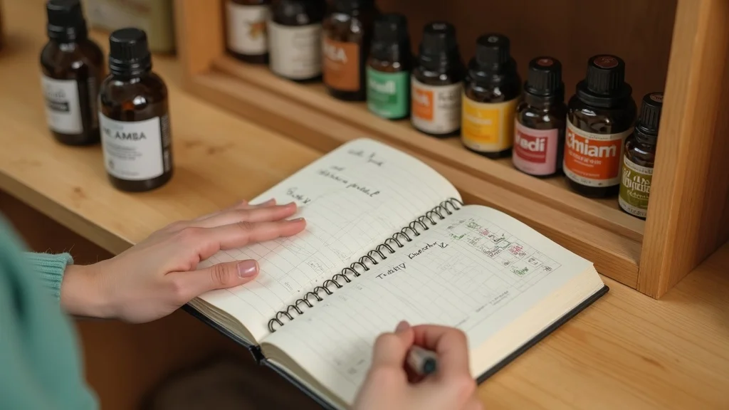 essential oil safety with neatly labeled bottles grouped by shelf-life and a tracking notebook