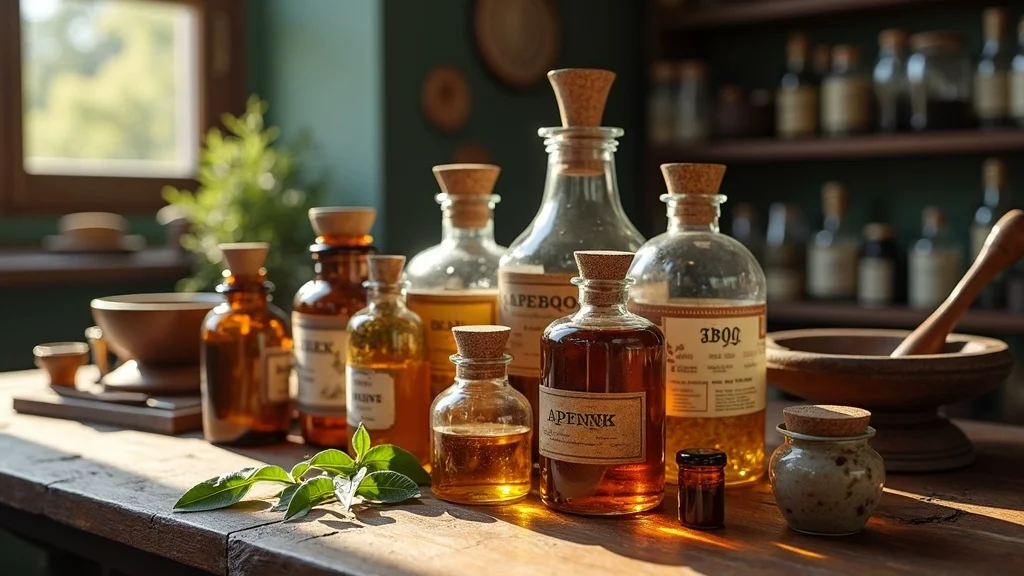 Apothecary aesthetic display with assorted glass jars, amber bottles, props and botanical accents in kitchen decor