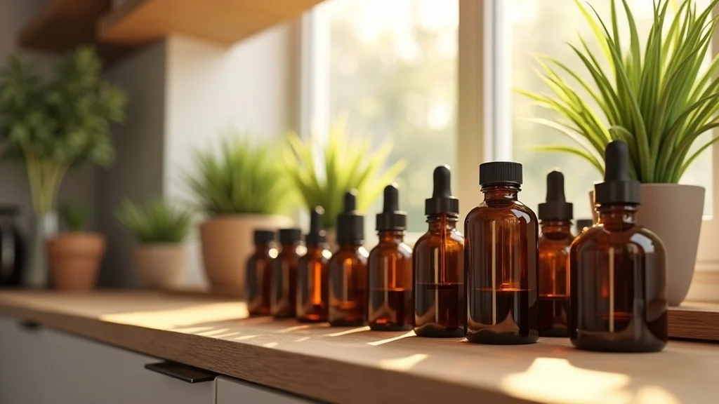 Modern essential oil storage display — thoughtful, organized, a selection of dark glass bottles with secure caps grouped by size and color, styled as photorealistic on an open wooden shelf, background shows a softly blurred, sunlit kitchen with green plants, featuring subtle dust motes in light beams, rendered with ultra-high realism, crisp glass reflection textures, warm, natural palette, under gentle backlighting, captured as if shot with an 85mm lens.