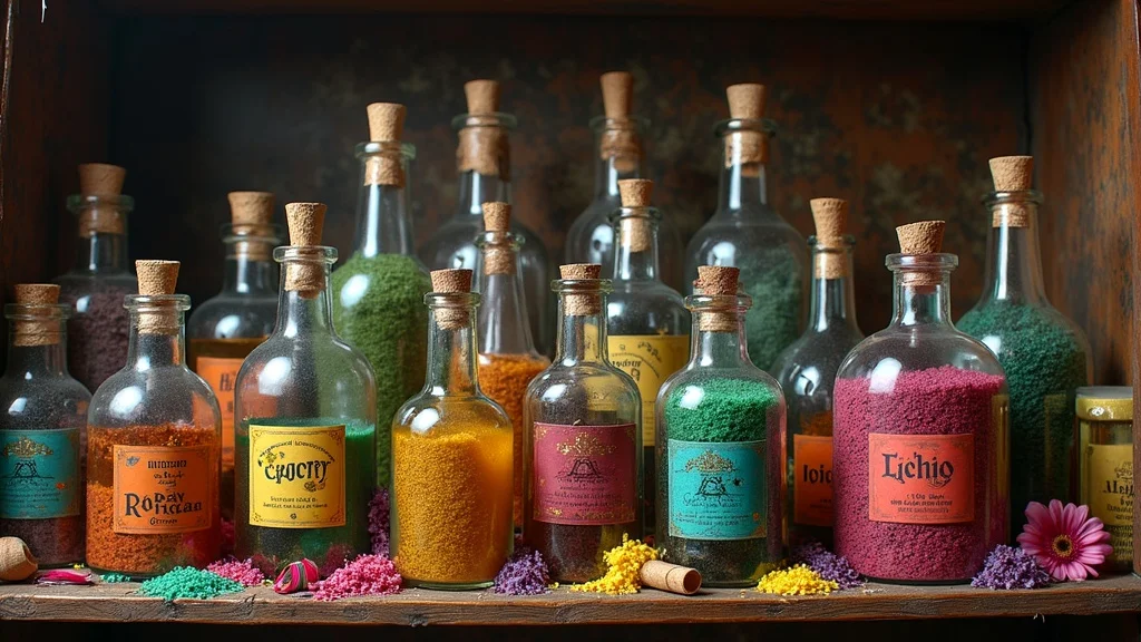 Overly cluttered potion bottle display with mismatched bottles, garish labels, and chaotic party props.