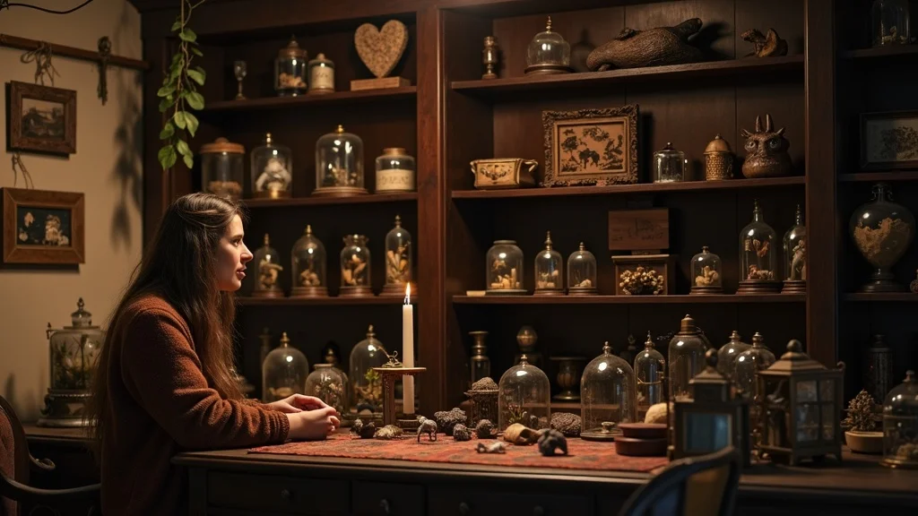 Eccentric oddities collector’s display shelf with glass domes, vintage jars, taxidermy, and preserved specimens in cozy study