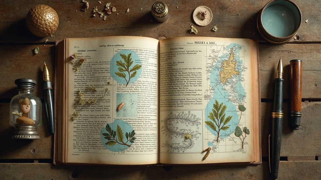 Inspirational dark academia mood board collage with vintage book pages, pressed ferns, mini glass vials, nautical sketches, and wax seals on a wooden tabletop