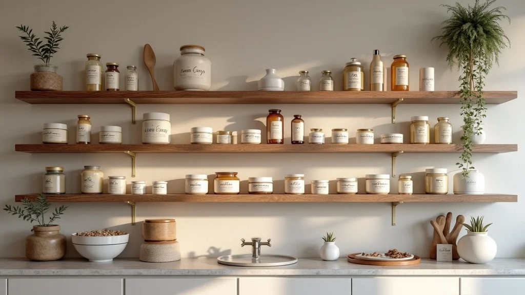 Tastefully spaced apothecary display on floating wall shelves for home decor