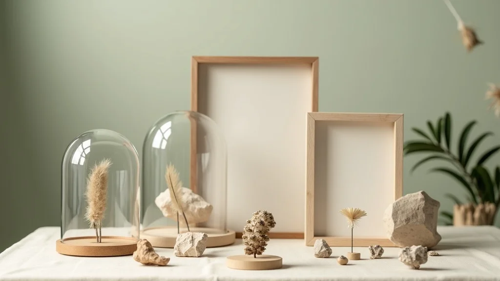 Close-up array of specimen display types—frames, glass domes, transparent jar with fossils and feathers on a linen table