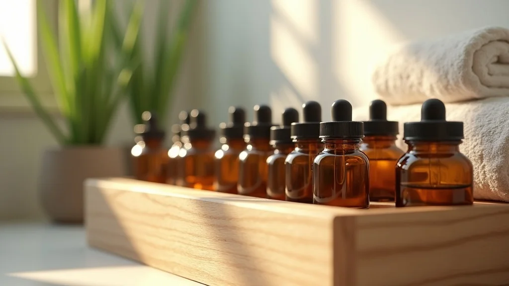 Organized glass bottles of essential oils neatly arranged in a natural wood drawer organizer with a serene, inviting atmosphere in a sunlit bathroom — diffuser vs topical essential oils