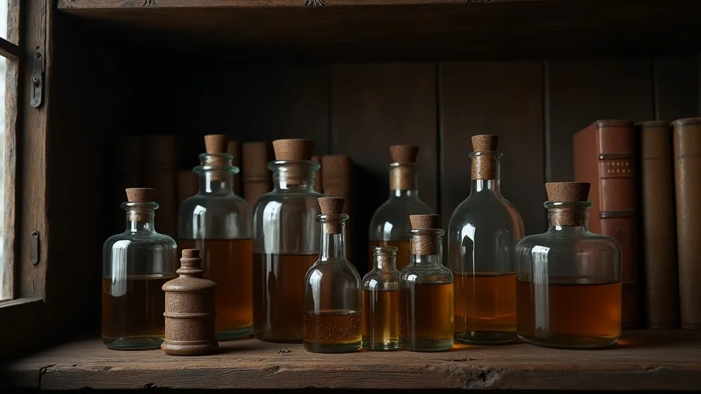Refined collection of vintage potion bottles on an antique shelf styled with subtle earth tones, hints of cobalt and amber, library books, and delicate glass reflections.