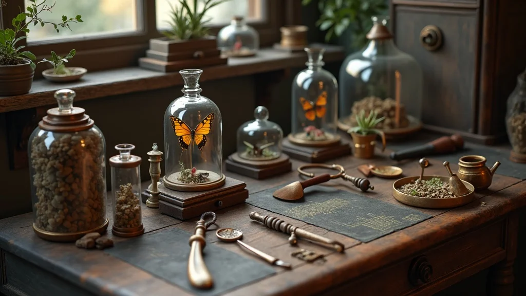 Eclectic collection of classic oddities on vintage table: butterfly taxidermy frame, medical tools, glass apothecary jars, and specimen bottles for oddities display.