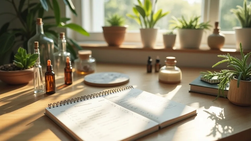 Modern apothecary workspace with blending bottles, pipettes, and labeled essential oils in natural sunlit room