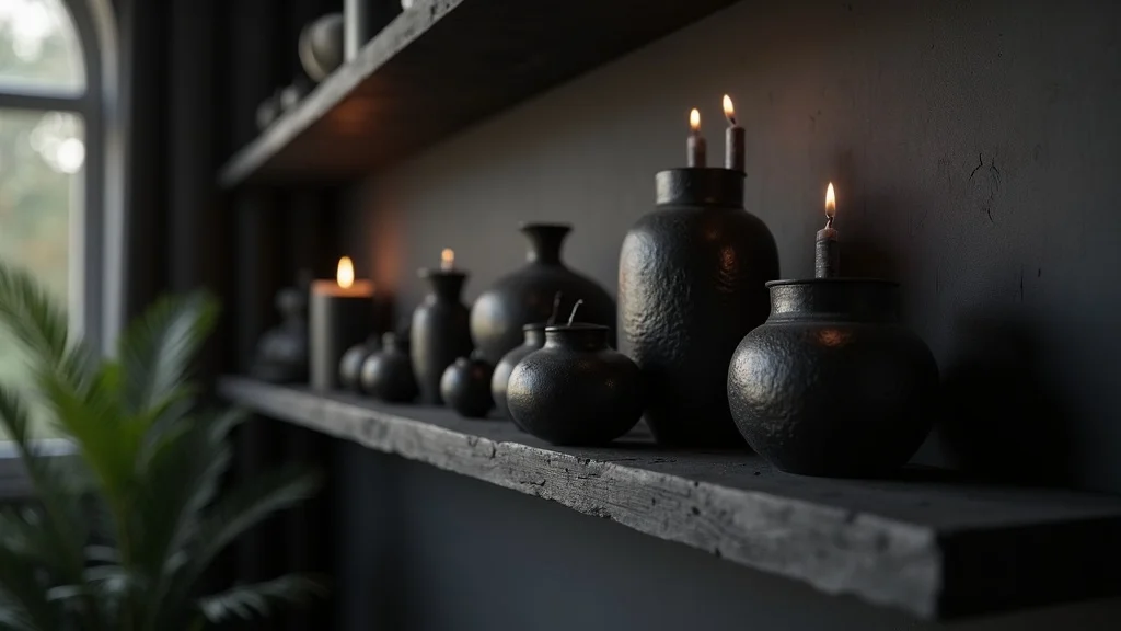 Atmospheric gothic floating shelves with carefully spaced gothic jars and candle holders against a matte charcoal wall, moody shadow play, monochromatic black and silver