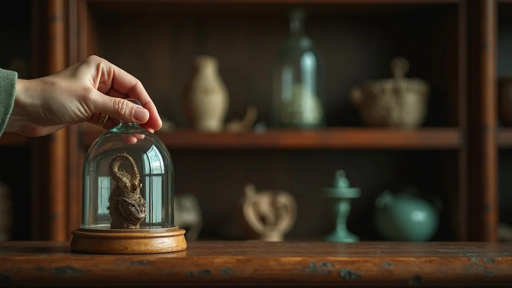 Thoughtful collector’s shelf of oddities: hand adjusting vintage glass dome over mysterious object, warm antique study, glass reflections, natural artifacts, high realism