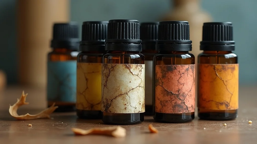Detailed close-up of essential oils showing shelf life cues — attentive, investigative, cracked and faded oil bottle labels next to fresh, vibrant bottles, styled as photorealistic on a textured countertop, with subtle cues like tarnished caps, cloudy liquid, and a dried droplet, featuring rich surface textures, clear contrast between old and new, cool muted tones with touches of amber, under directional studio lighting, captured as if shot with a macro lens.