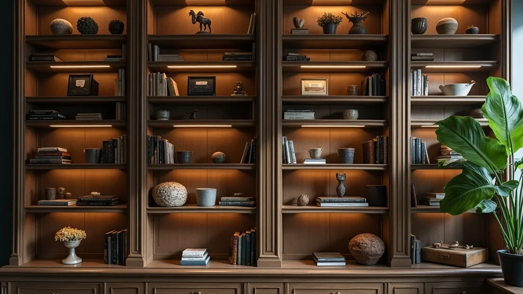 Artistic, organized specimen shelving with curated cases and labeled curios, soft accent lighting, and vintage props – specimen display shelves