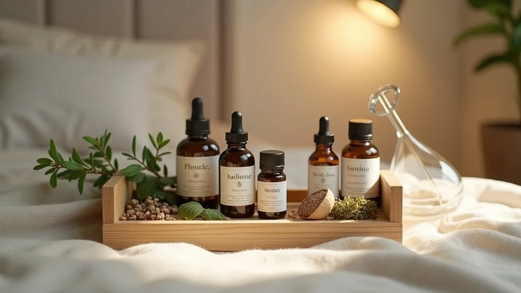 Hands carefully blending essential oils into a bottle on a tidy table with recipes and vials for sleep routine
