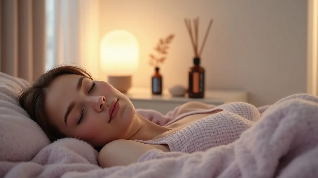 Inviting bedroom nightstand shelf with neatly arranged essential oil bottles, diffusers, and cozy decor for a relaxing sleep routine