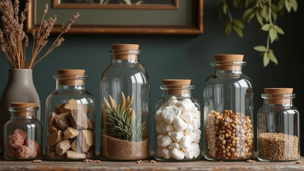 Vintage and modern apothecary jars side by side on a mantel for apothecary decor