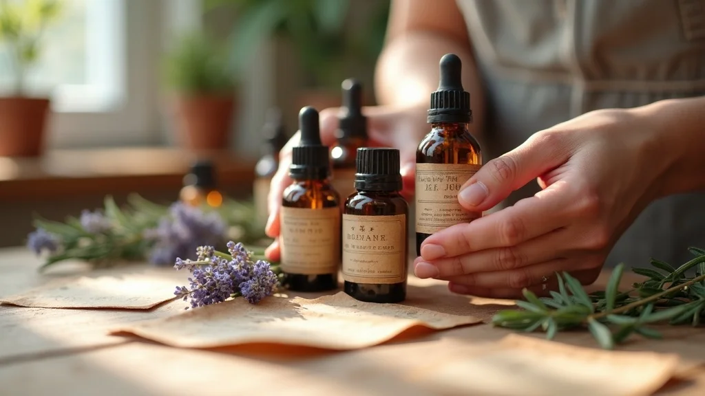 Inviting essential oil bottles with vintage labels, hands arranging and labeling brown glass bottles beside dried lavender and rosemary; tactile label details and natural lighting; essential oil labels in cozy apothecary setting