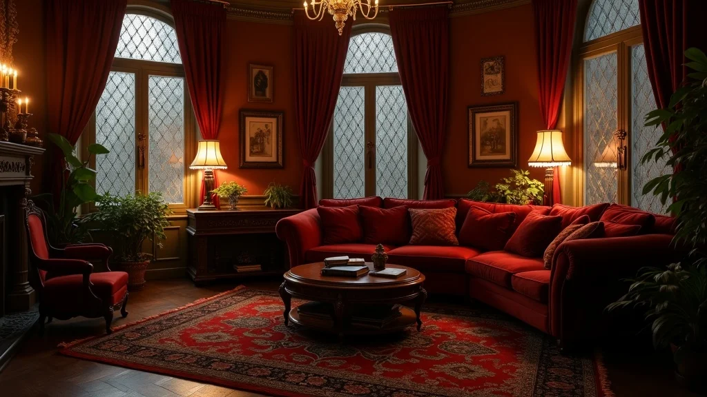 Moody Victorian living room with gothic decor, velvet sofa, ornate candle sconces, carved wood coffee table, tapestry rug, heavy drapery, and stained glass window bathed in golden hour light.