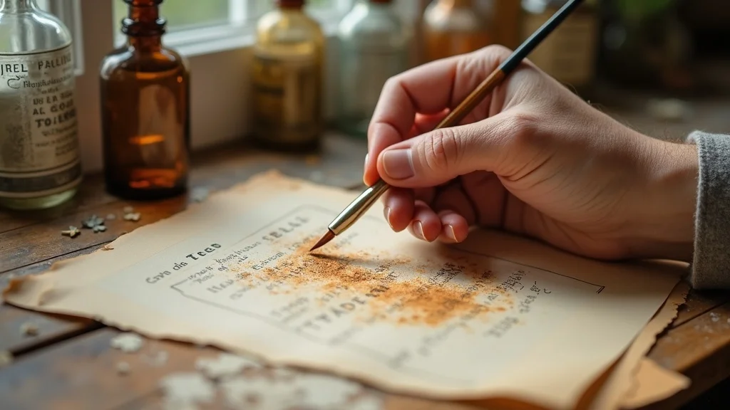 Hands brushing tea stain onto apothecary labels, surrounded by aged papers and vintage bottles in a cozy craft corner workspace