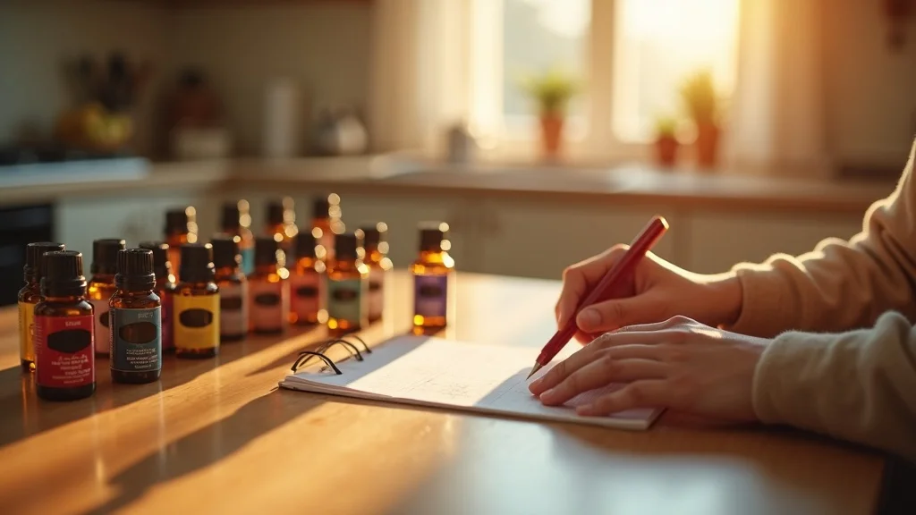 essential oil safety person reviewing and sorting bottles at home with checklist