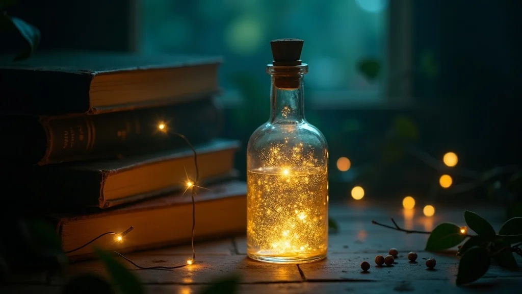 Glowing potion bottle gently lit by hidden fairy lights, surrounded by old books and soft plant shadows for potion bottle decor.
