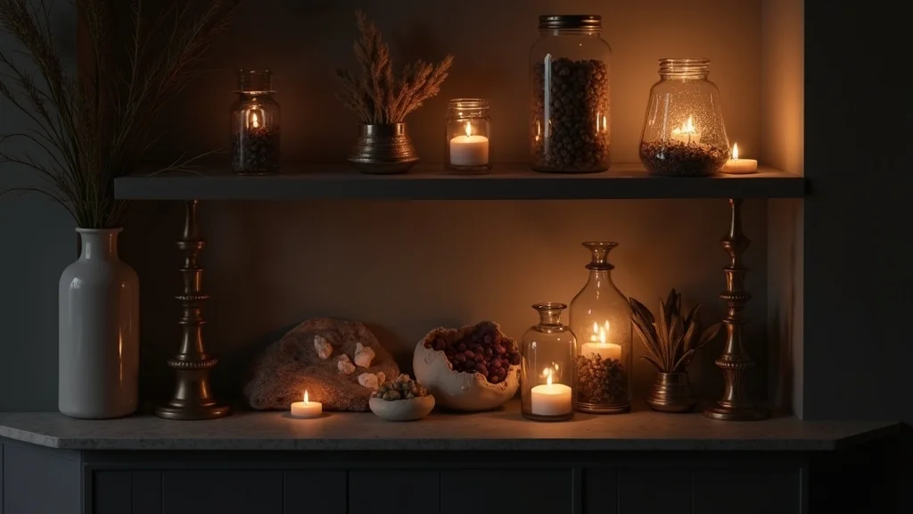 Moody, stylish living room shelf with subtle magical witchy decor including apothecary jars and candlesticks, layered textures, crystals, and dried herbs in a calm modern home