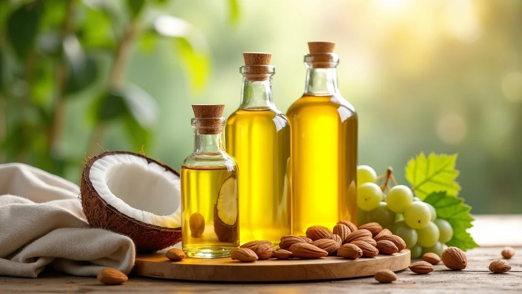 assortment of carrier oils like jojoba, sweet almond, coconut, and grapeseed with seeds and nuts on rustic wood