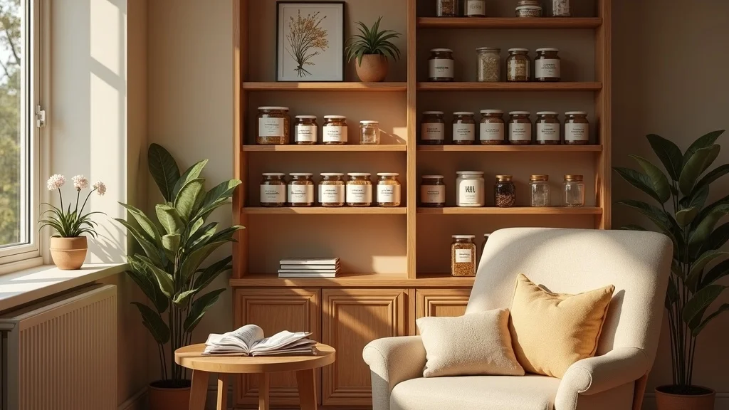 Cozy home nook with apothecary-inspired shelving in a living room corner for collected decor