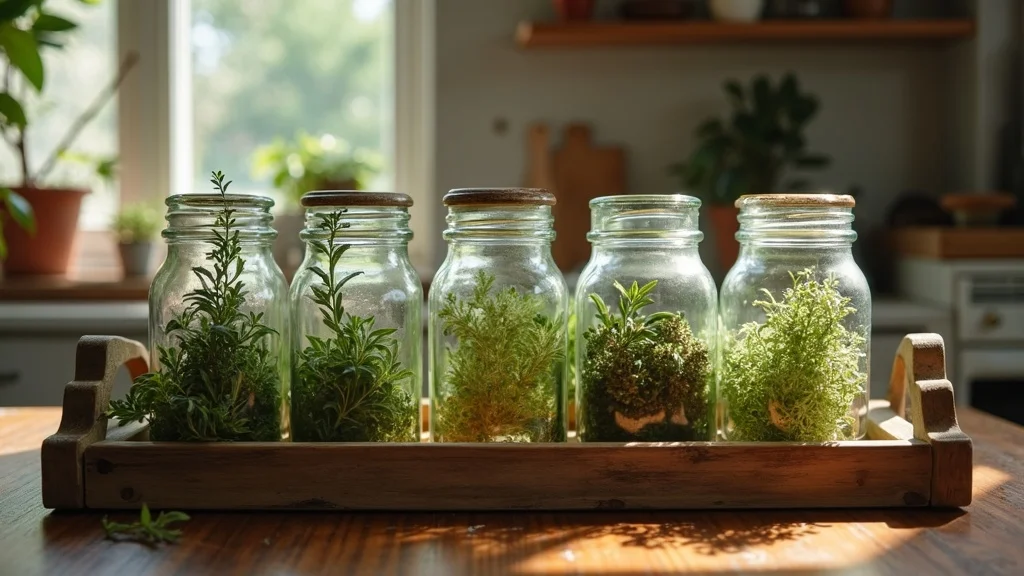 Collection of vintage and reproduction witchy decor glass jars with labels, herbs, and natural light in a cozy home