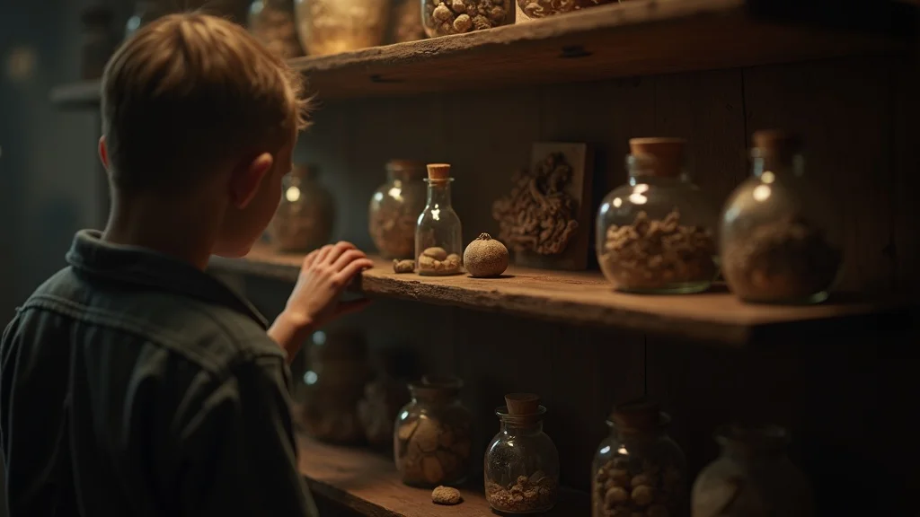 Atmospheric shelf display of assorted oddities with intrigued observer arranging curiosities in warm moody light, featuring wall-mounted specimens and jars. Oddities display photo.