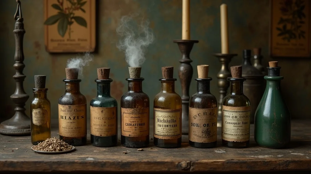 Assorted vintage medical bottles and labelled potion vials on weathered shelf with botanical sketches