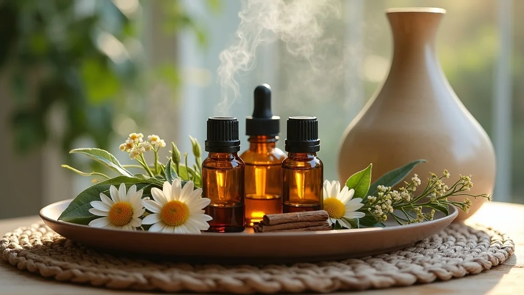 Lavender essential oil bottle and lavender sprigs on a nightstand, ideal for sleep routines