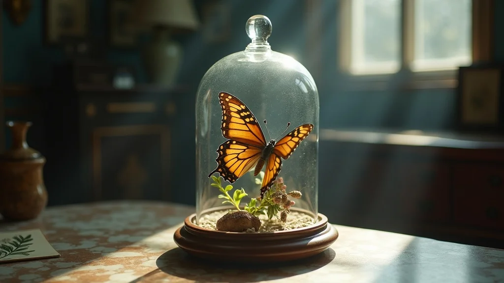 Victorian-style glass cloche with preserved butterfly specimen, sunbeams and antique accents