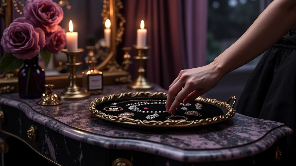 Chic Victorian gothic vanity scene with black velvet jewelry, gilded tray, brass candlesticks, vintage perfume bottles, and a rose in a glass vase on an ornate marble vanity.