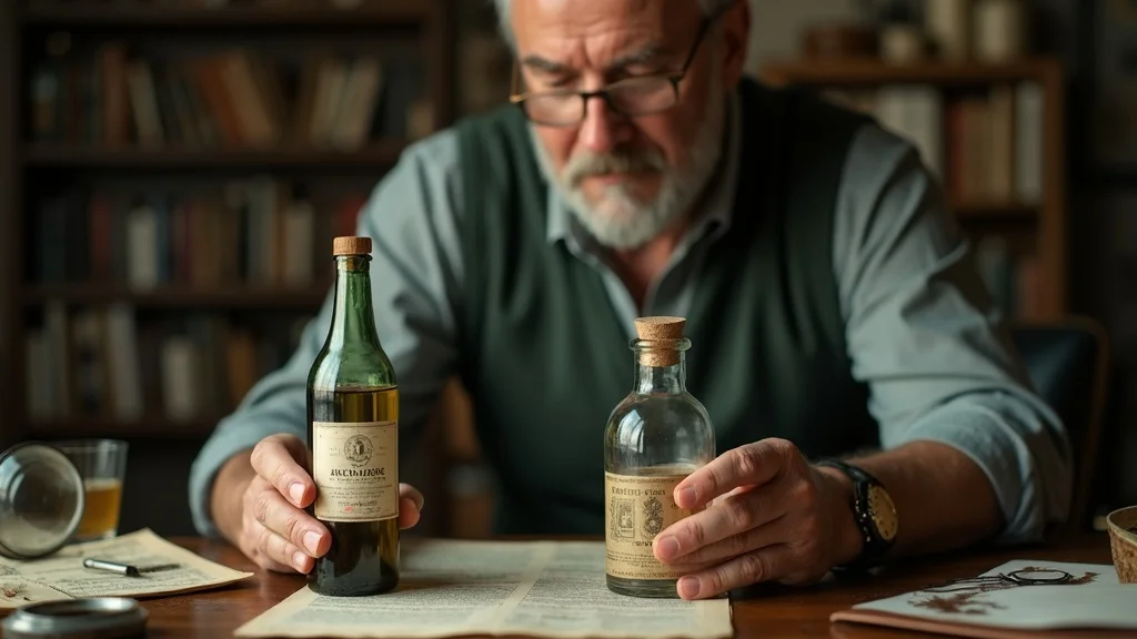 Collector comparing antique and replica bottles, verifying authenticity for online oddities shop purchase