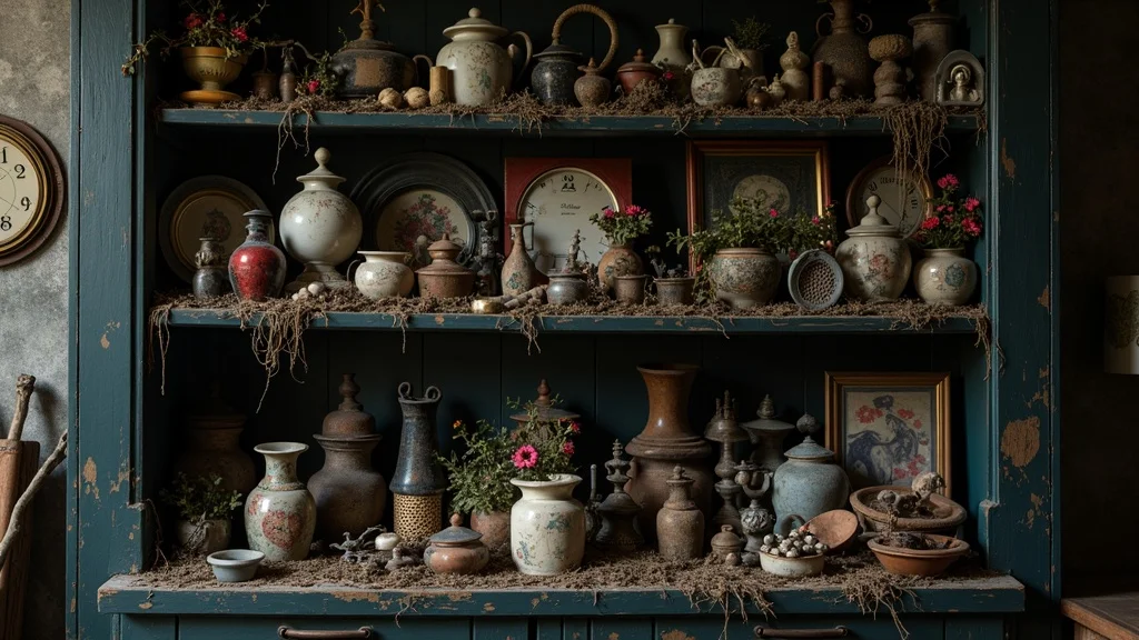 Cluttered gothic decor shelf with mismatched trinkets, crowded vintage items, and toppled objects in a cramped apartment space.