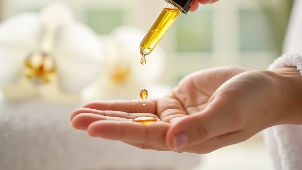 Drop of diluted essential oil landing on the back of a hand — proper topical application safety