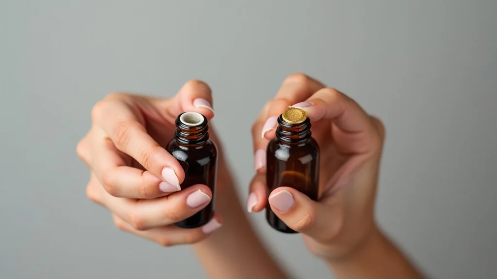 Close-up view of essential oil bottle tops, dropper and orifice reducer demonstrated by well-groomed hands