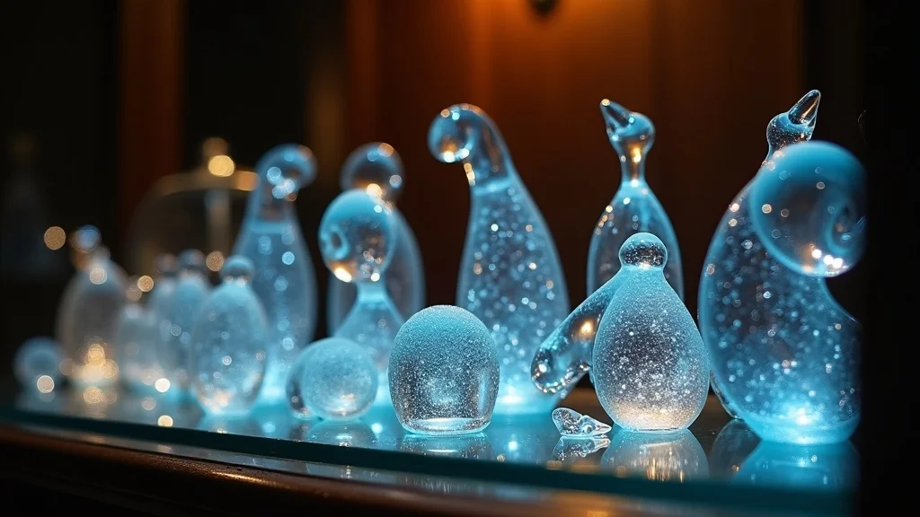 Glass figurines illuminated on a glass shelf with soft under-shelf cabinet lighting for delicate objects.