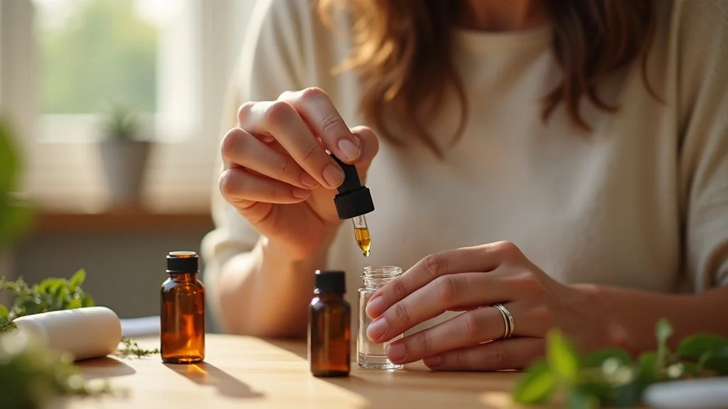 DIY roll-on essential oil blend preparation with glass bottle, dropper, and botanical accents