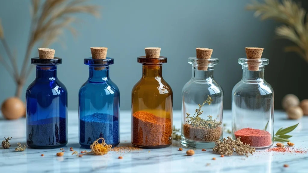 Cobalt blue, clear, and amber potion bottles filled with botanicals and sand on a marble tabletop for potion bottle decor.
