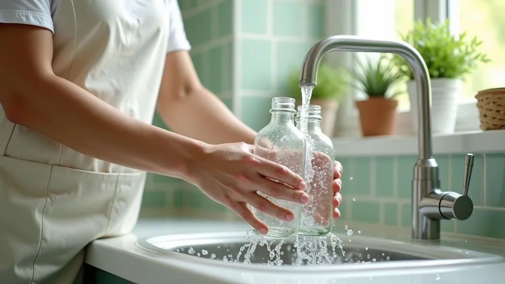 Hands cleaning and recycling glass apothecary bottles in bright modern kitchen