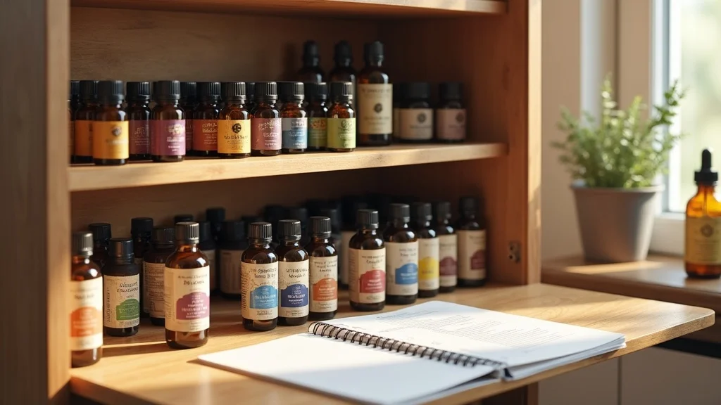 organized home apothecary with carrier oil and essential oil bottles, color-coded caps, open jars, charts, modern wooden cabinet, daylight