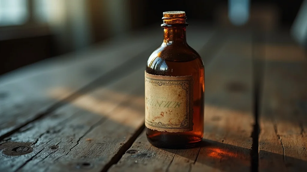Close-up of antique apothecary bottle features showing seams, air bubbles, and an aged paper label, on old wooden background with tactile glass texture.