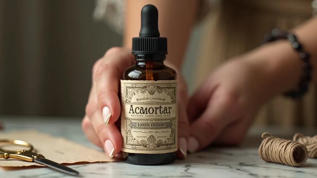 Charming vintage essential oil label collection, person holding a vintage apothecary bottle with ornate aged label on a marble apothecary counter; features oil patina and faded paper edges; best examples of practical vintage essential oil labels