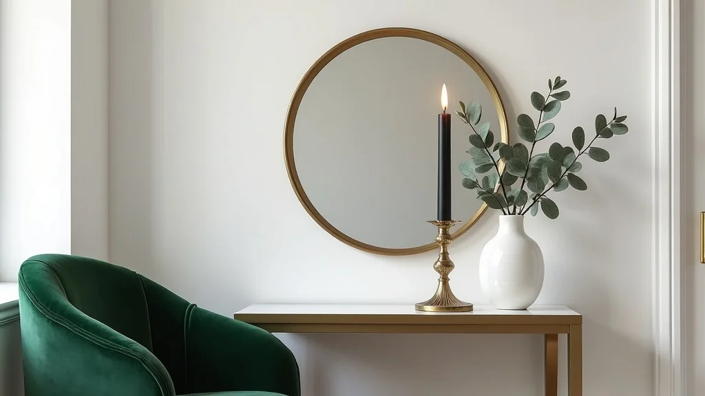 Minimalist gothic decor with ornate candle holder, lit black taper candle, velvet chair, and gold-framed mirror in a bright white nook.