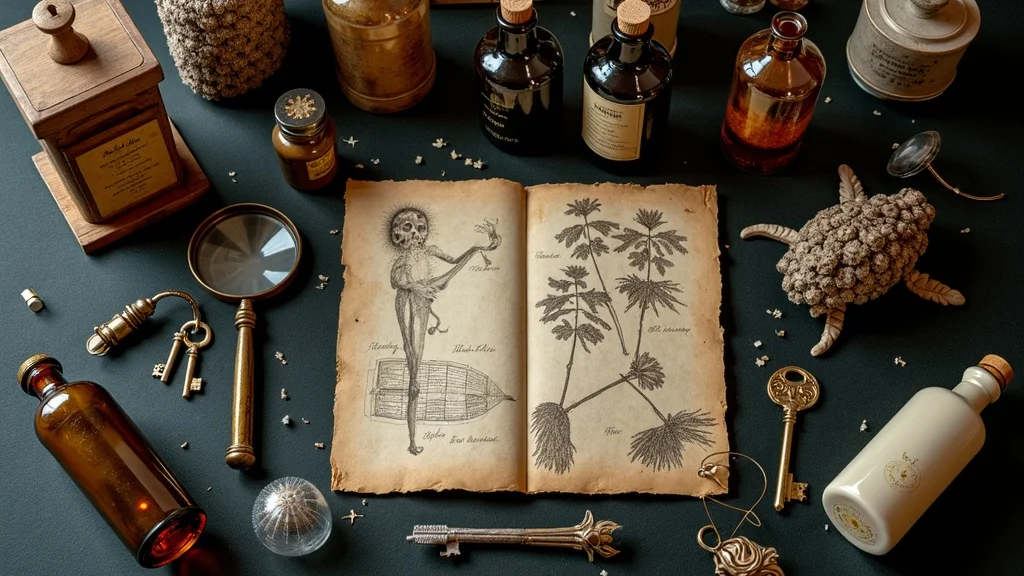 Flat lay of antique bottles, pressed botanical specimens, gothic relics from an online oddities shop
