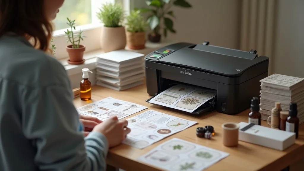 DIY essential oil label printing workspace, focused individual operating home inkjet printer with vintage-style label sheets; desk with blank sticker paper, bottles awaiting labels, and sealing spritz bottle